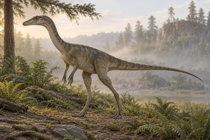 Illustrative reconstruction of Tawa hallae; missing anatomy, covering and colors are hypotheses.