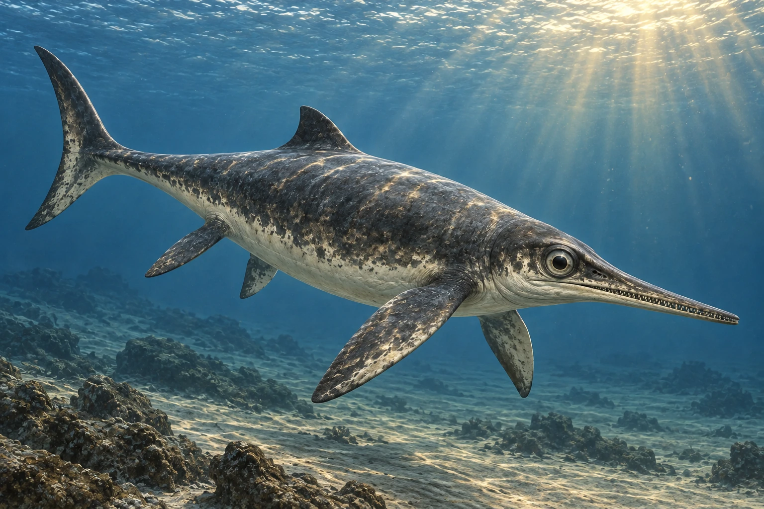 Illustrative life reconstruction of Temnodontosaurus in its interpreted aquatic environment.