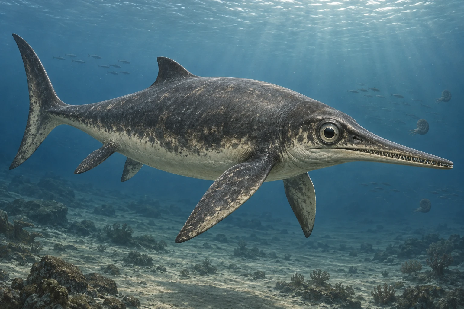 Illustrative life reconstruction of Temnodontosaurus in a period-appropriate environment; coloration and missing anatomy are interpretations.