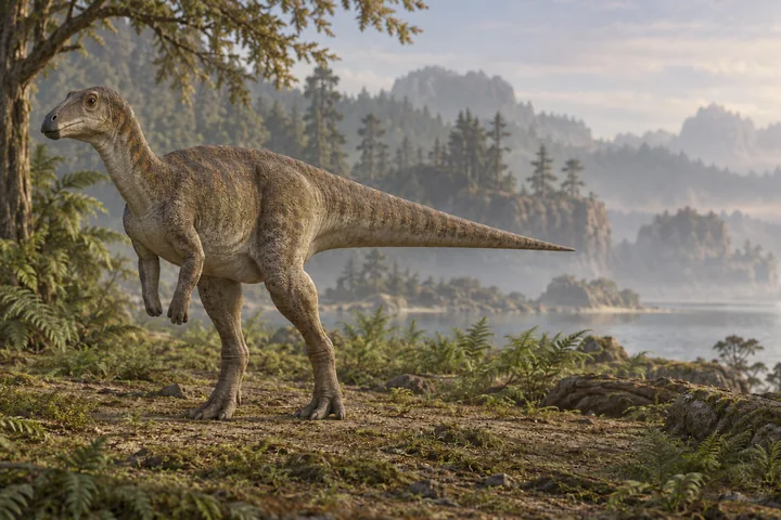 Illustrative reconstruction of Tethyshadros insularis; pose, missing anatomy and colors are hypotheses.