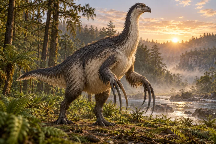Full-body movie-style Therizinosaurus in a dramatic prehistoric landscape; Original artwork.