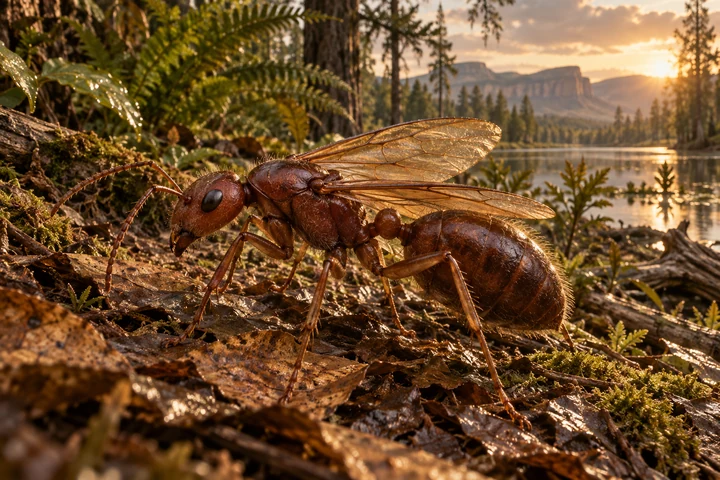 Illustrative reconstruction of Titanomyrma; incomplete anatomy, pose and colors are hypotheses.