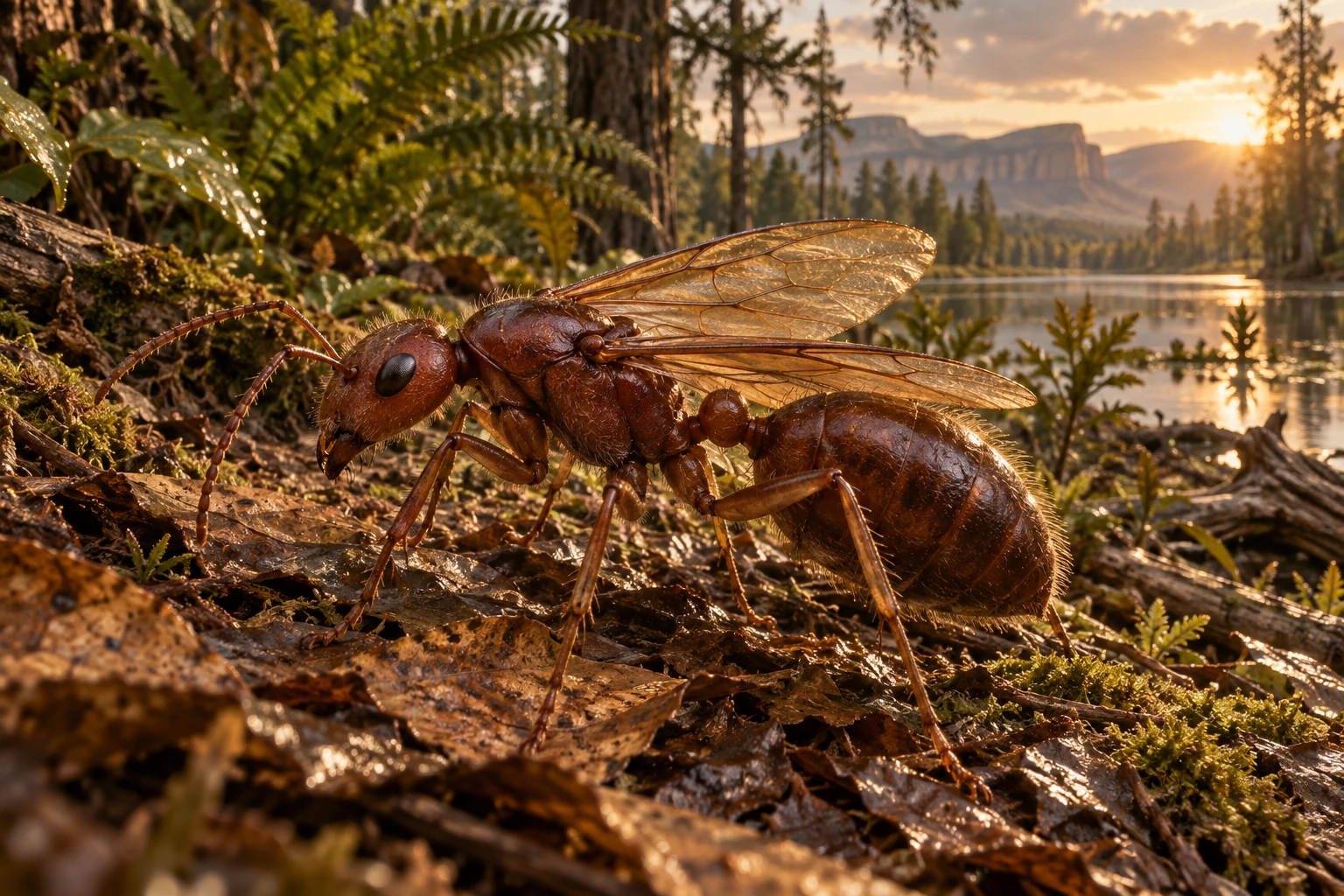 Illustrative reconstruction of Titanomyrma; incomplete anatomy, pose and colors are hypotheses.
