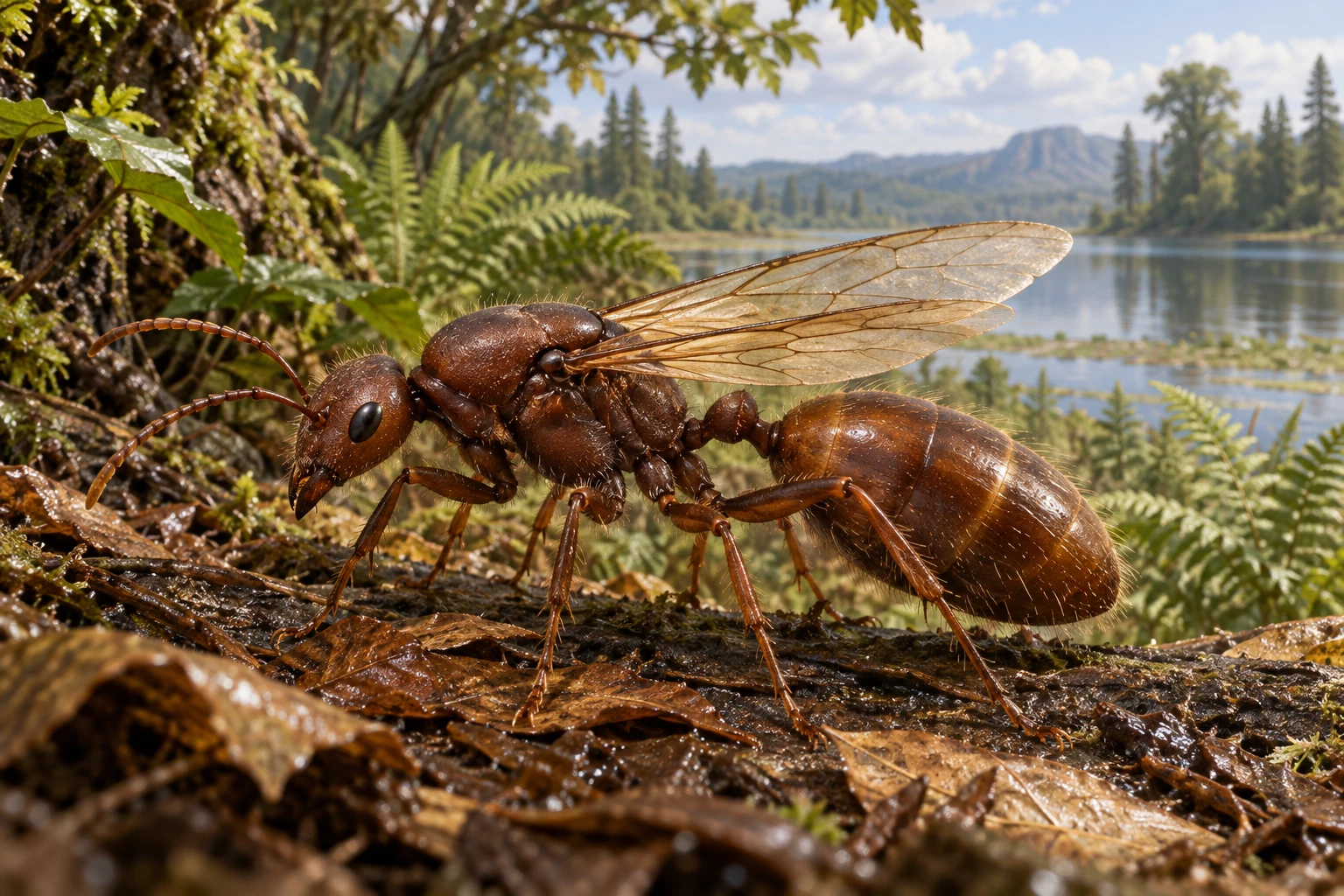 Illustrative life reconstruction of Titanomyrma in a period-appropriate environment; coloration and missing anatomy are interpretations.