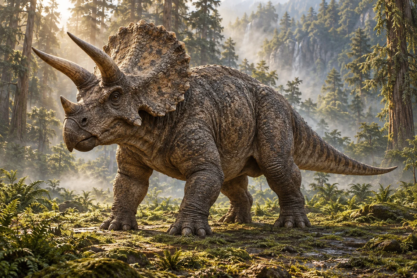 Three-horned Triceratops on four legs in a forest, with a large textured frill and rugged skin.