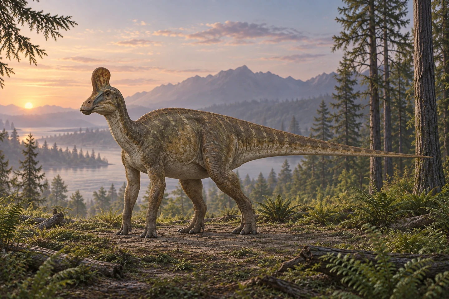 Illustrative reconstruction of Tsintaosaurus; colors, soft tissues and restored details remain interpretive.