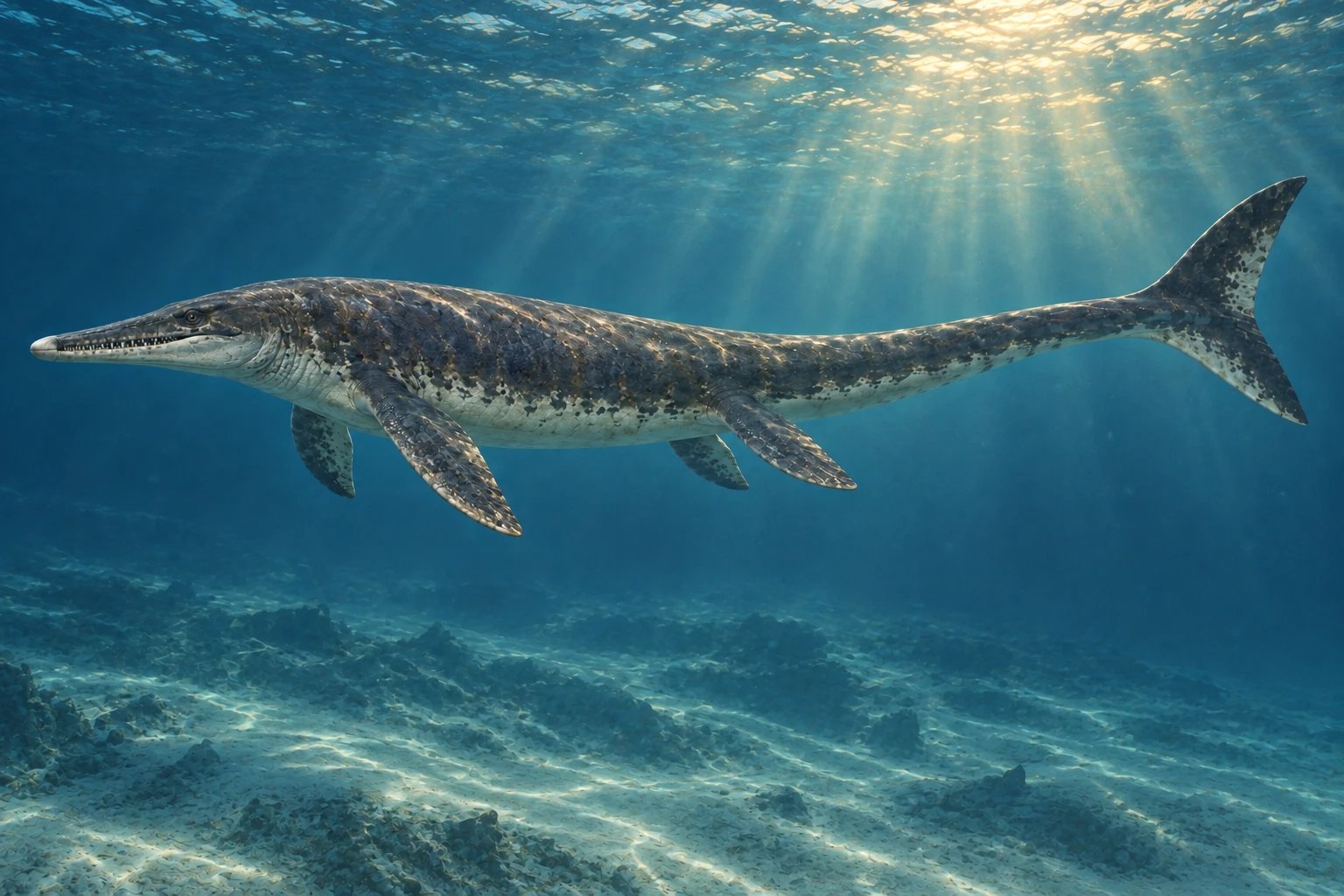 Tylosaurus proriger restored in a period-appropriate marine setting; colors and missing soft tissues are interpretive.