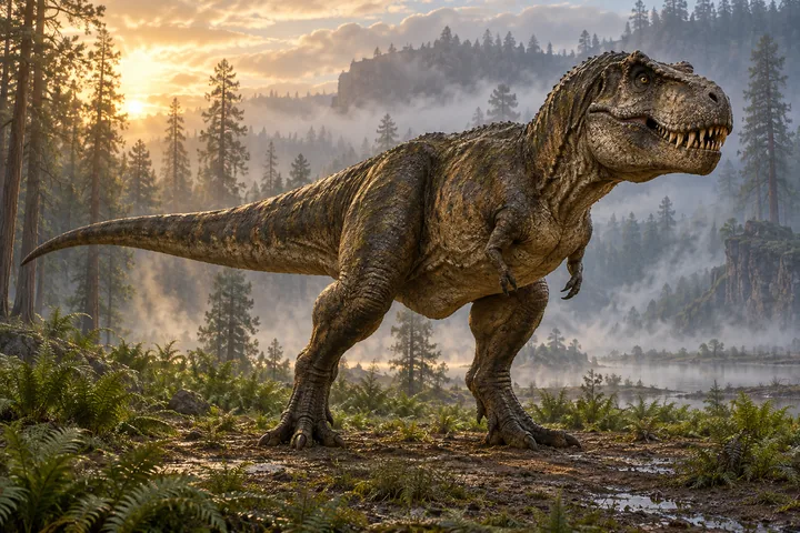 Scaly T. rex standing beside a misty forest lake, with short arms, ridged skin and visible teeth.