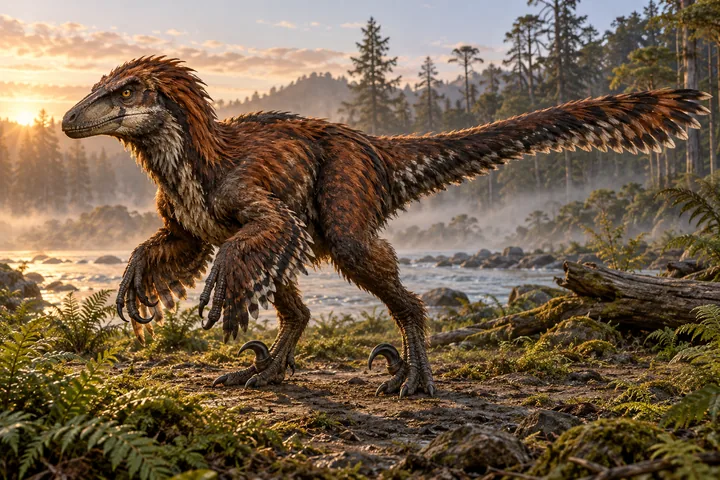 Full-body movie-style Utahraptor in a dramatic prehistoric landscape; Original artwork.