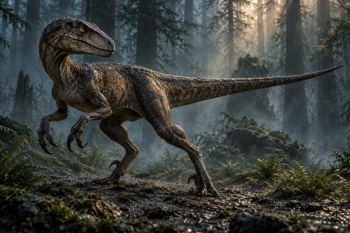 Scaly featherless raptor in a dark forest, with a long level tail, grasping hands and a raised curved toe claw.