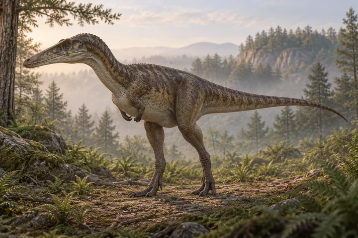 Illustrative reconstruction of Xiongguanlong baimoensis; missing anatomy, covering and colors are hypotheses.