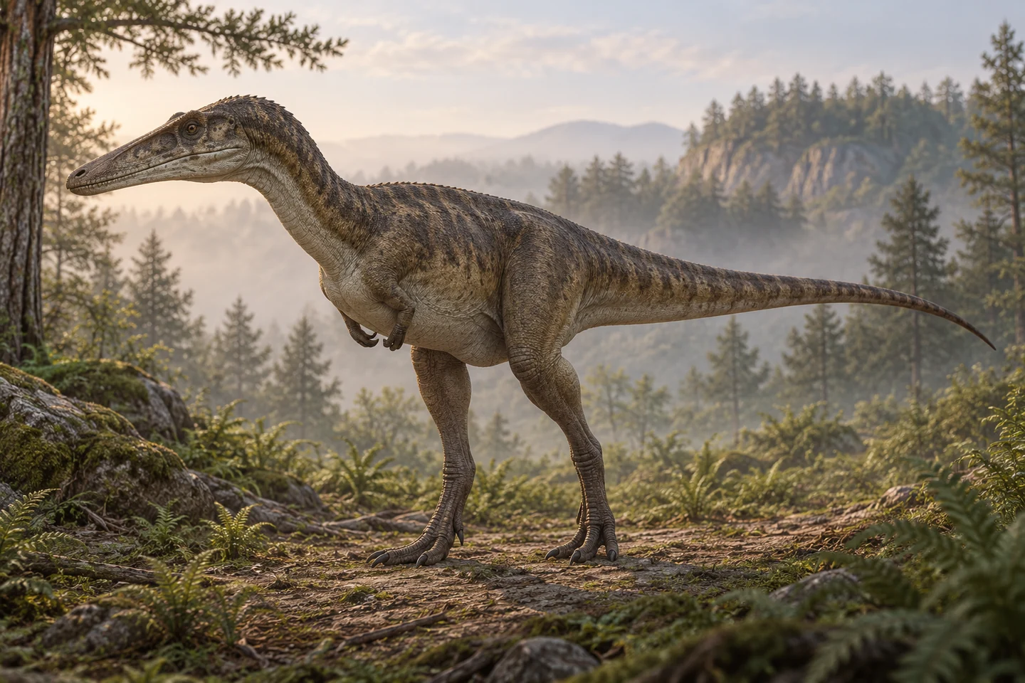 Illustrative reconstruction of Xiongguanlong baimoensis; missing anatomy, covering and colors are hypotheses.