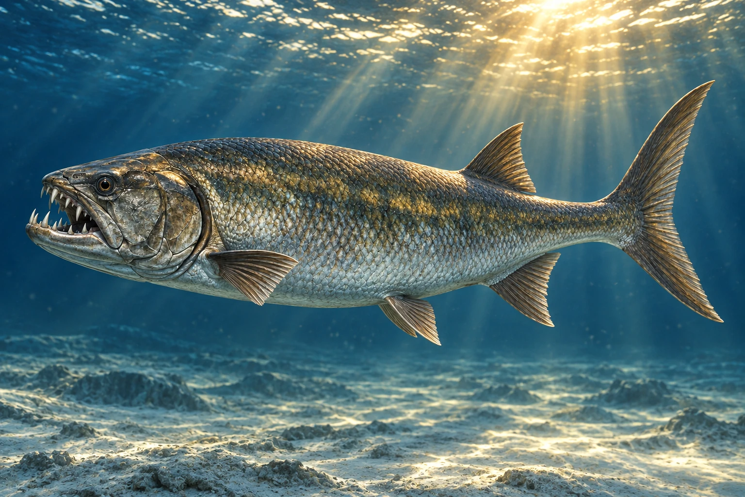 Xiphactinus audax restored in a period-appropriate marine setting; colors and missing soft tissues are interpretive.