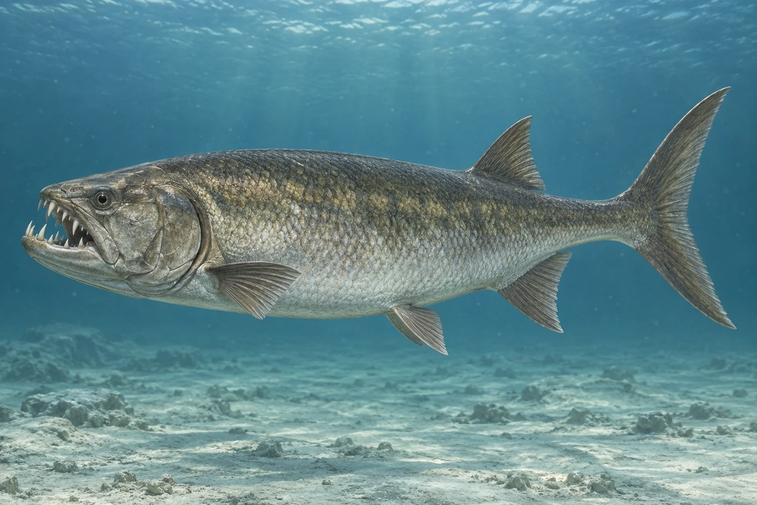 Illustrative life reconstruction of Xiphactinus in a period-appropriate environment; coloration and missing anatomy are interpretations.