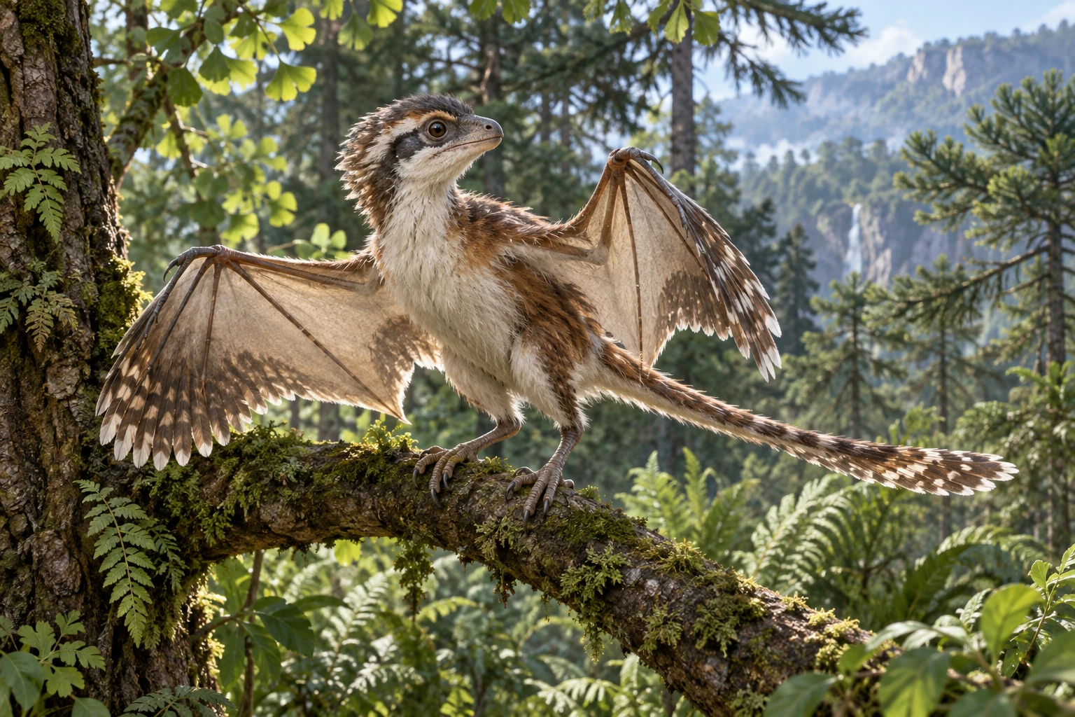 Illustrative life reconstruction of Yi in a period-appropriate environment; coloration and missing anatomy are interpretations.
