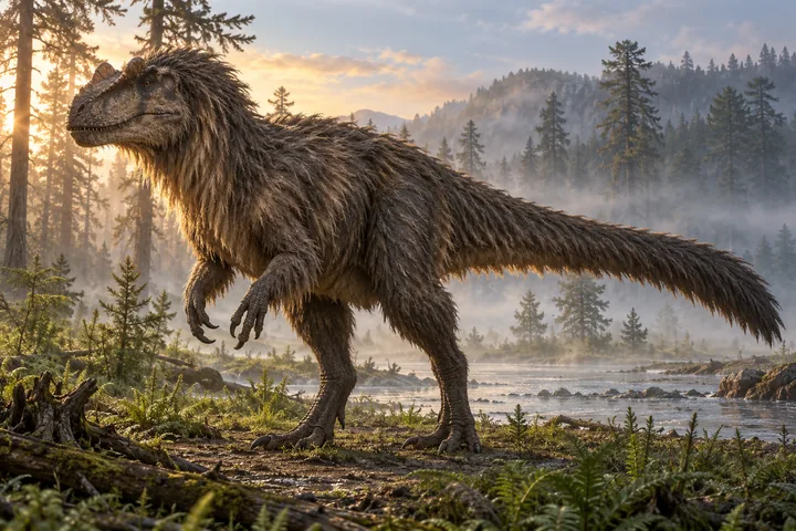 Full-body movie-style Yutyrannus in a dramatic prehistoric landscape; Original artwork.