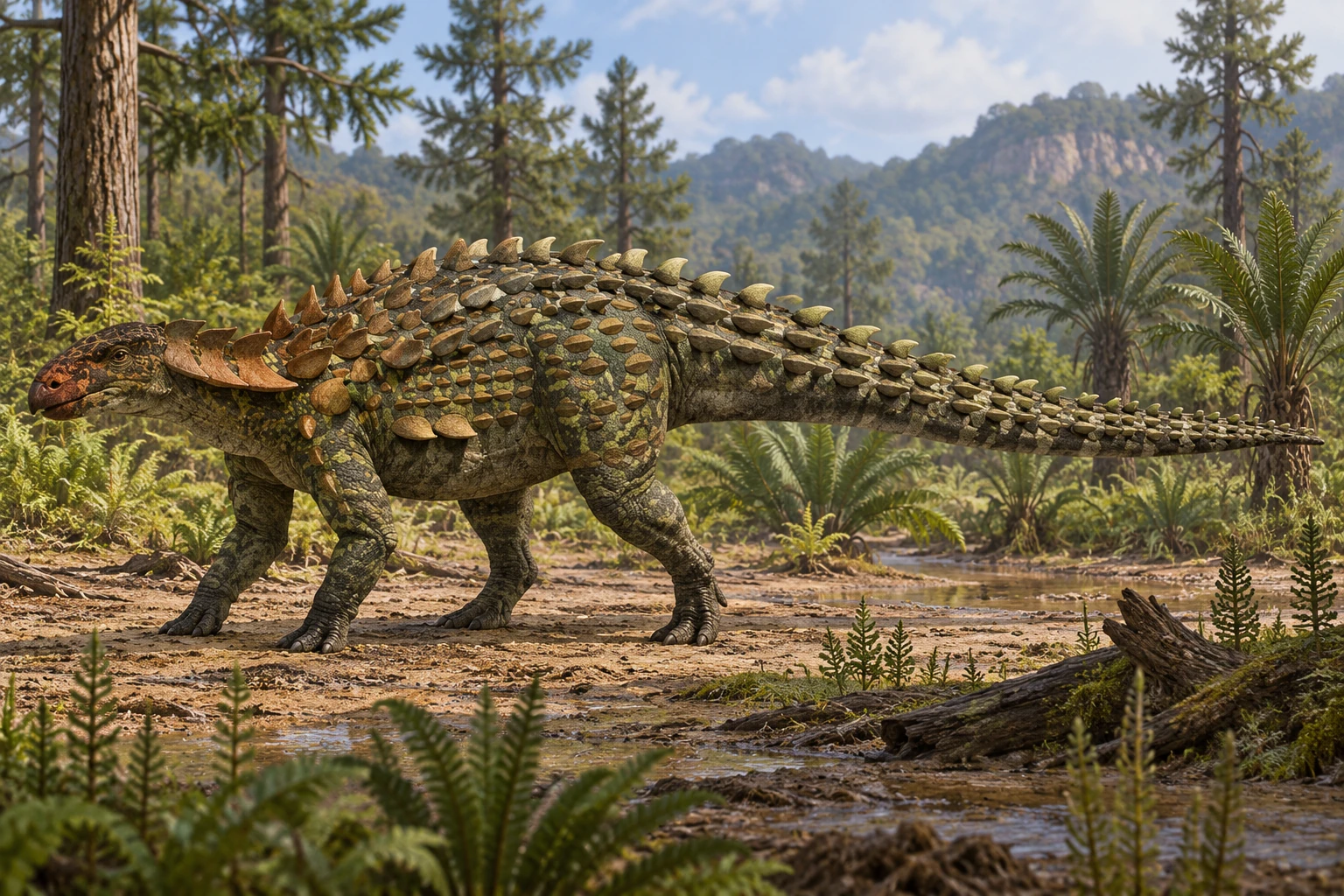 Illustrative life reconstruction of Yuxisaurus in a period-appropriate environment; coloration and missing anatomy are interpretations.