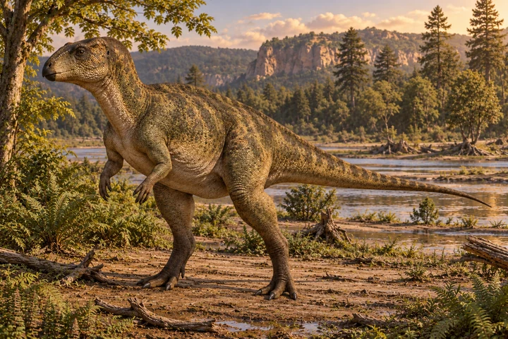 Illustrative reconstruction of Zalmoxes robustus; missing anatomy, pose, skin and colors are hypotheses.