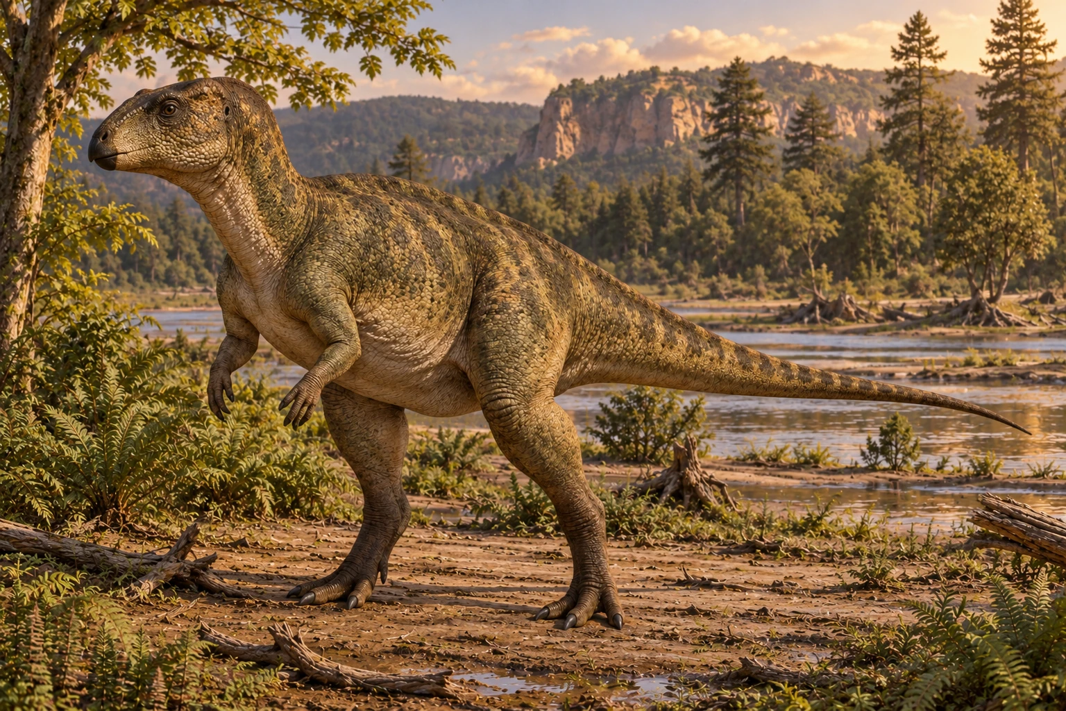 Illustrative reconstruction of Zalmoxes robustus; missing anatomy, pose, skin and colors are hypotheses.